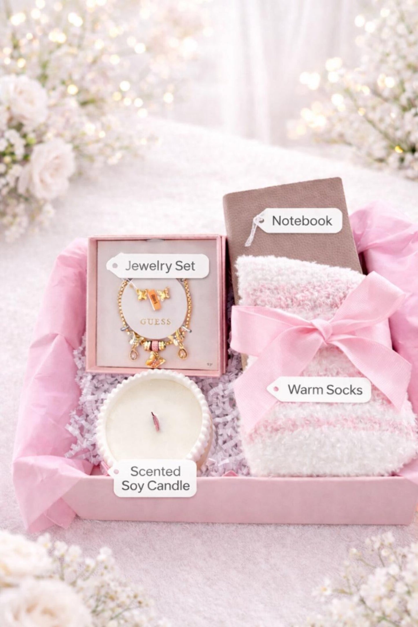 Gift Box for Her – Jewelry Set, Cozy Socks, Candle & Notebook