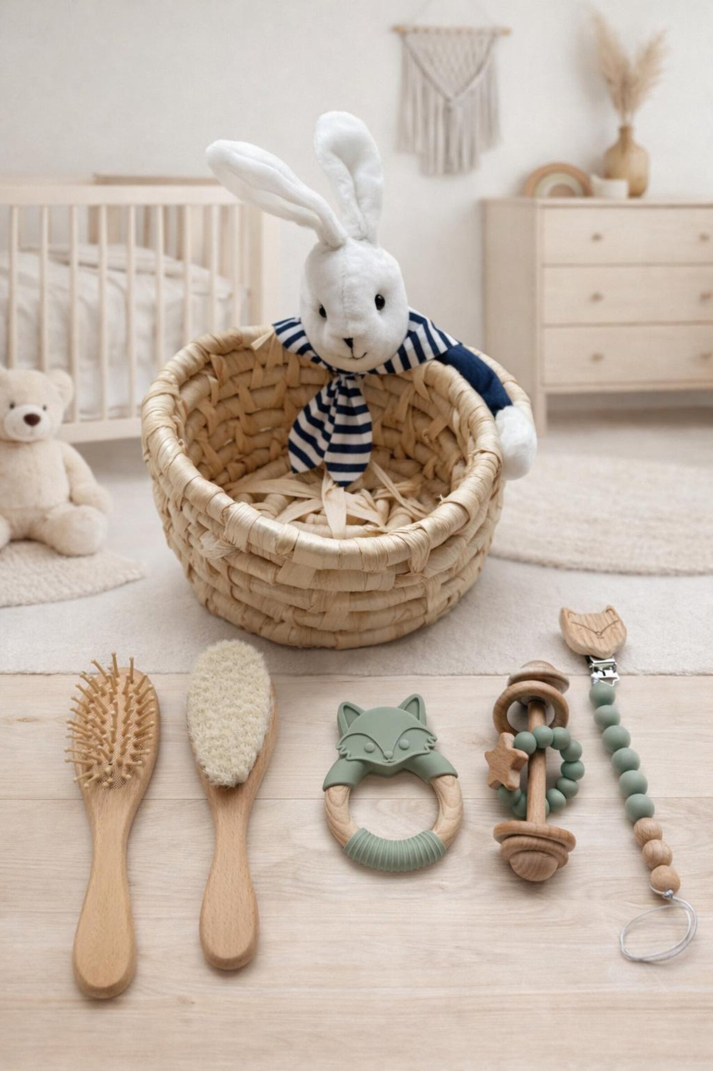 Bunny Baby Gift Basket, Easter Newborn Keepsake Box, Wooden Baby Set