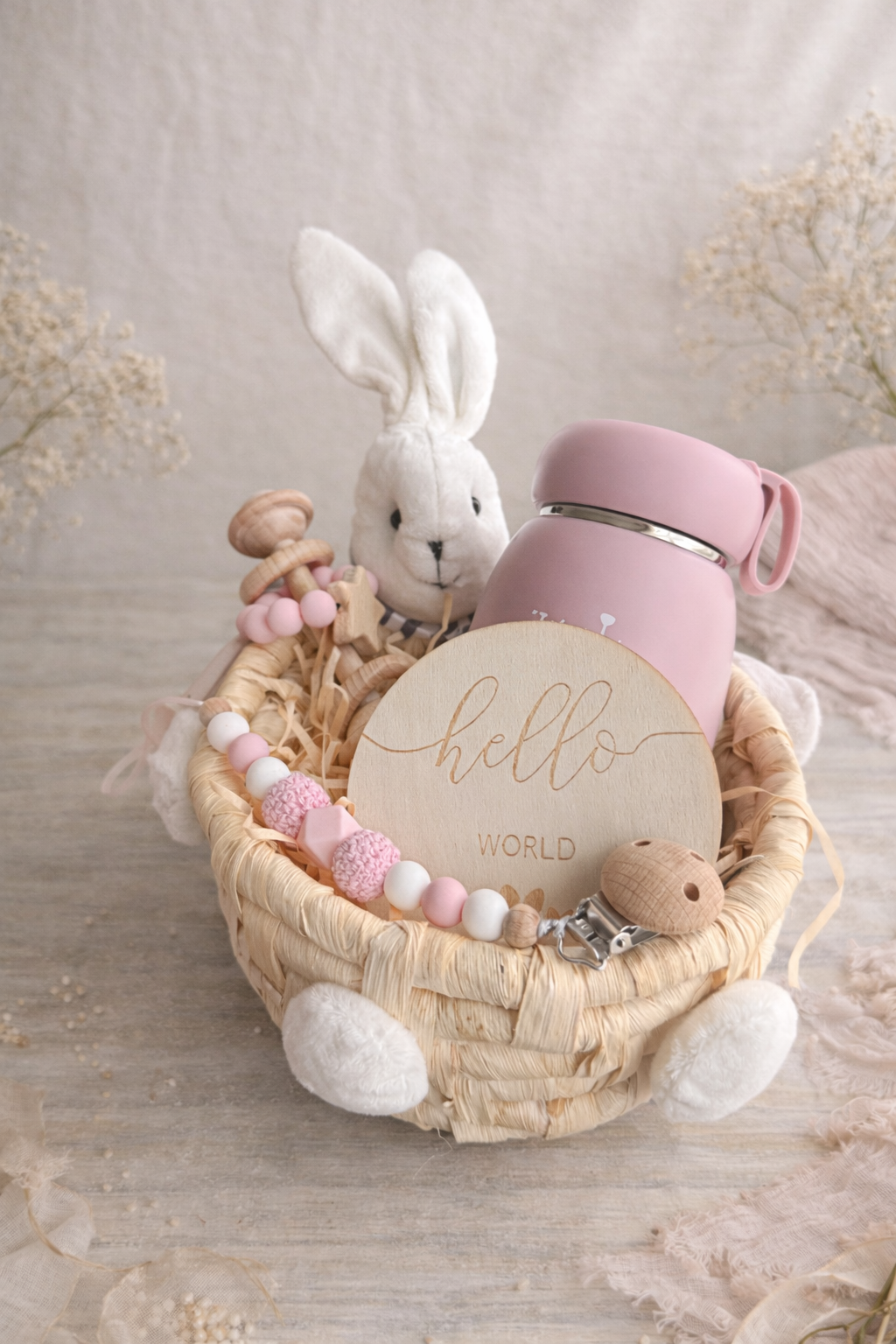 Personalized Baby Gift Box – Bunny Baby Basket with Wooden Teether, Pacifier Clip & Insulated Bottle | Newborn Gift Set