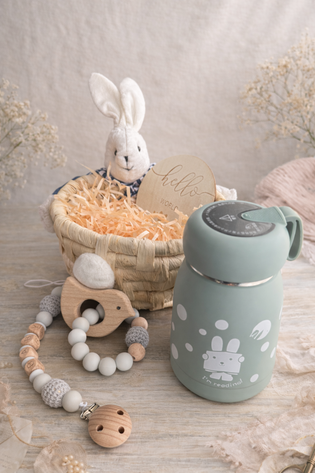 Personalized Baby Gift Box – Bunny Baby Basket with Wooden Teether, Pacifier Clip & Insulated Bottle | Newborn Gift Set