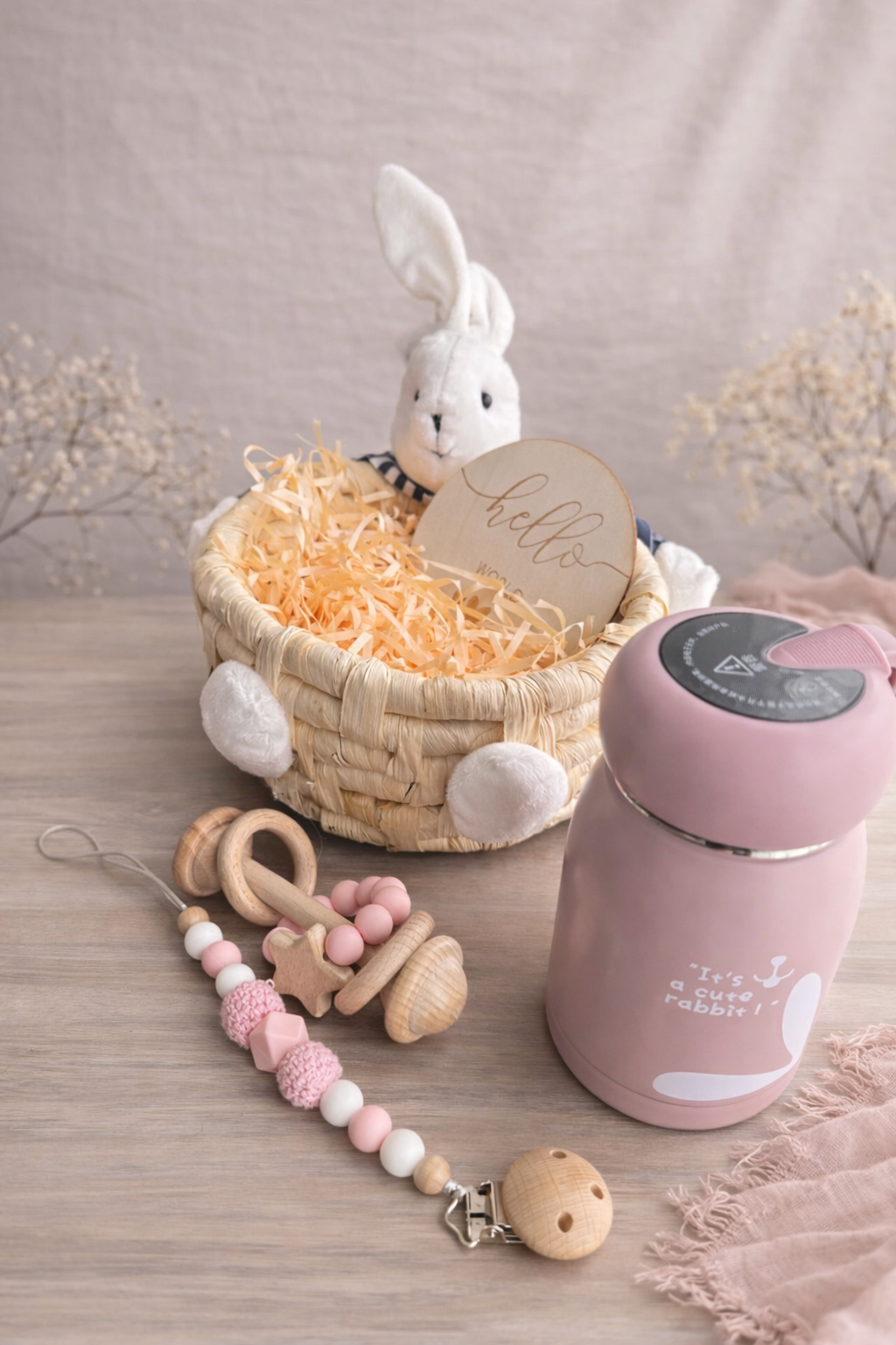Personalized Baby Gift Box – Bunny Baby Basket with Wooden Teether, Pacifier Clip & Insulated Bottle | Newborn Gift Set
