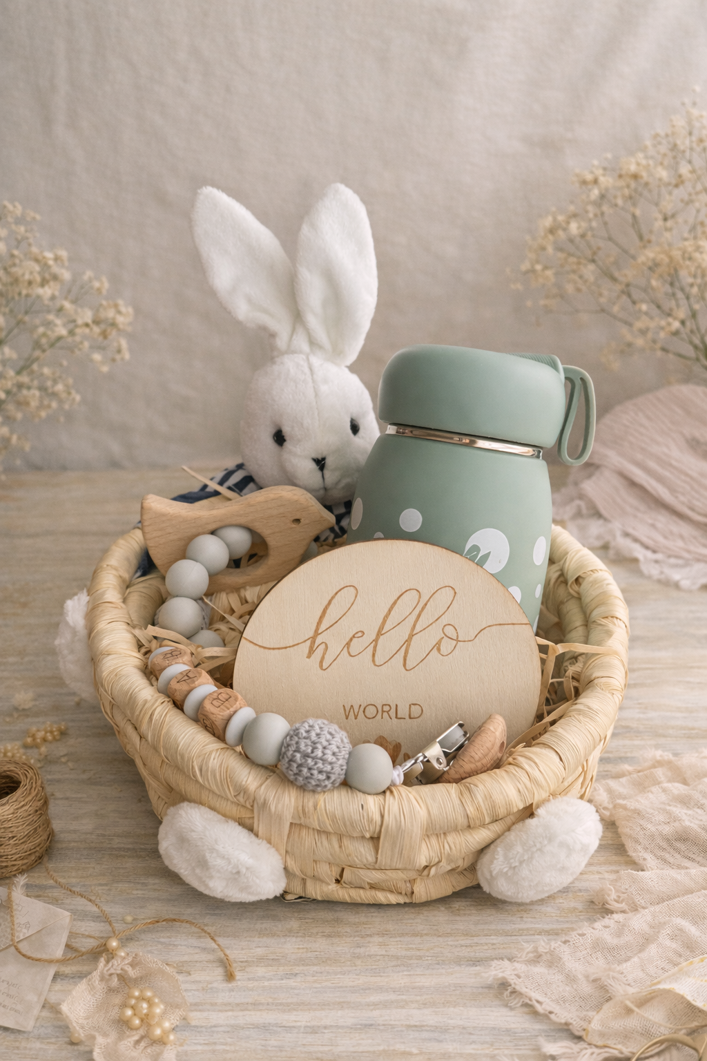 Personalized Baby Gift Box – Bunny Baby Basket with Wooden Teether, Pacifier Clip & Insulated Bottle | Newborn Gift Set