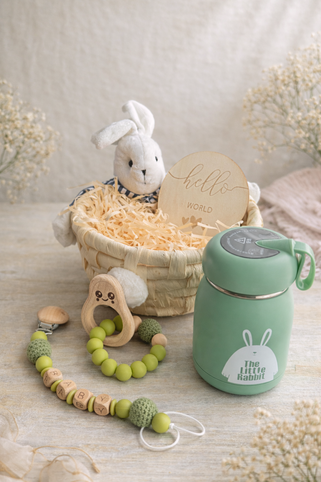 Personalized Baby Gift Box – Bunny Baby Basket with Wooden Teether, Pacifier Clip & Insulated Bottle | Newborn Gift Set