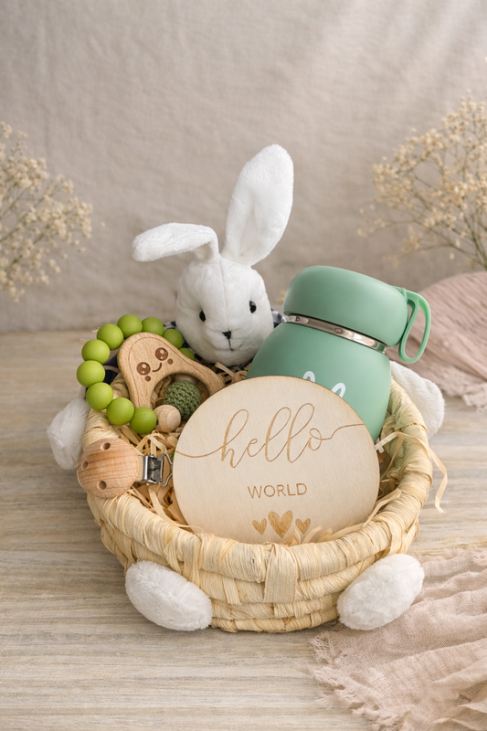 Personalized Baby Gift Box – Bunny Baby Basket with Wooden Teether, Pacifier Clip & Insulated Bottle | Newborn Gift Set