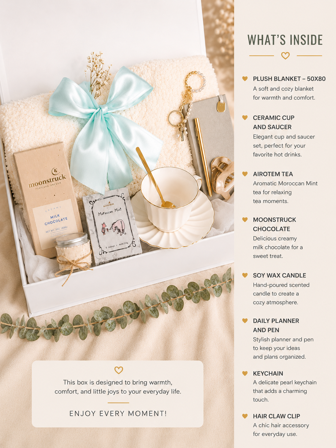 Self Care Gift Box, Cozy Blanket, Tea, Chocolate, Journal, Candle