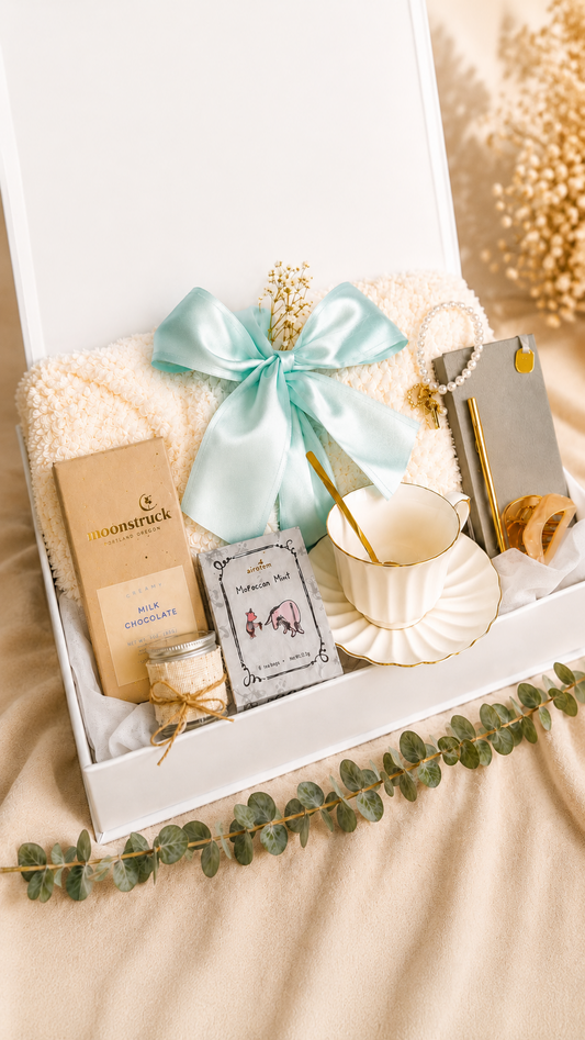 Self Care Gift Box, Cozy Blanket, Tea, Chocolate, Journal, Candle