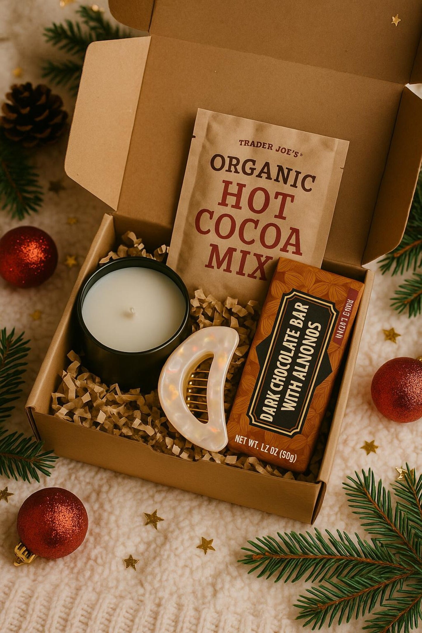 Small Cozy Gift Box for Her – Soy Candle, Hair Claw, Chocolate & Hot Cocoa