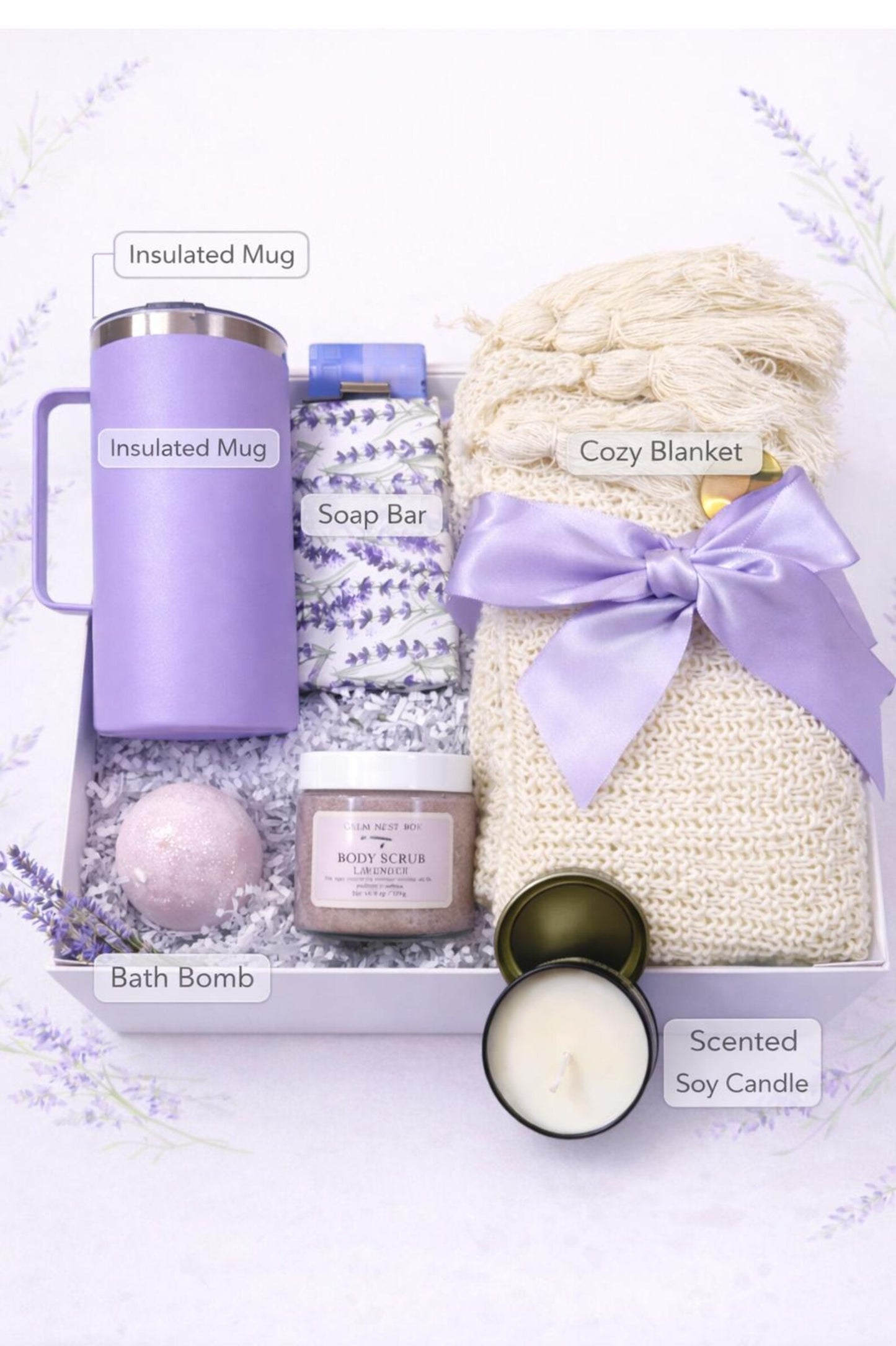 Lavender Spa Gift Box, Knit Blanket, Tumbler, Self-Care Relaxation Set