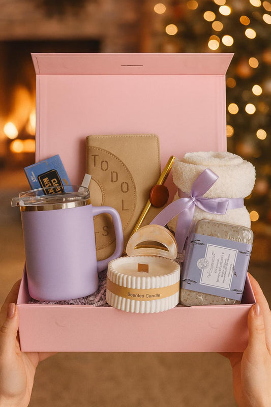 Lavender Self Care Gift Box for Her – Cozy Socks, Insulated Mug, Soap & Chocolate