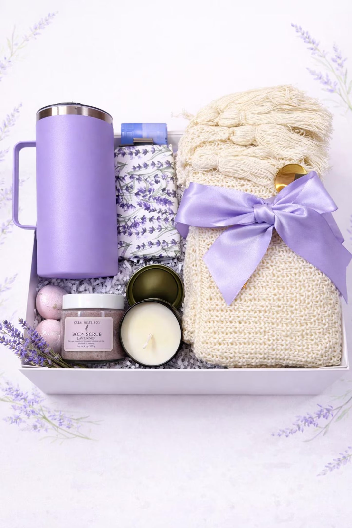 Lavender Self Care Gift Box for Her – Cozy Socks, Insulated Mug, Soap & Chocolate