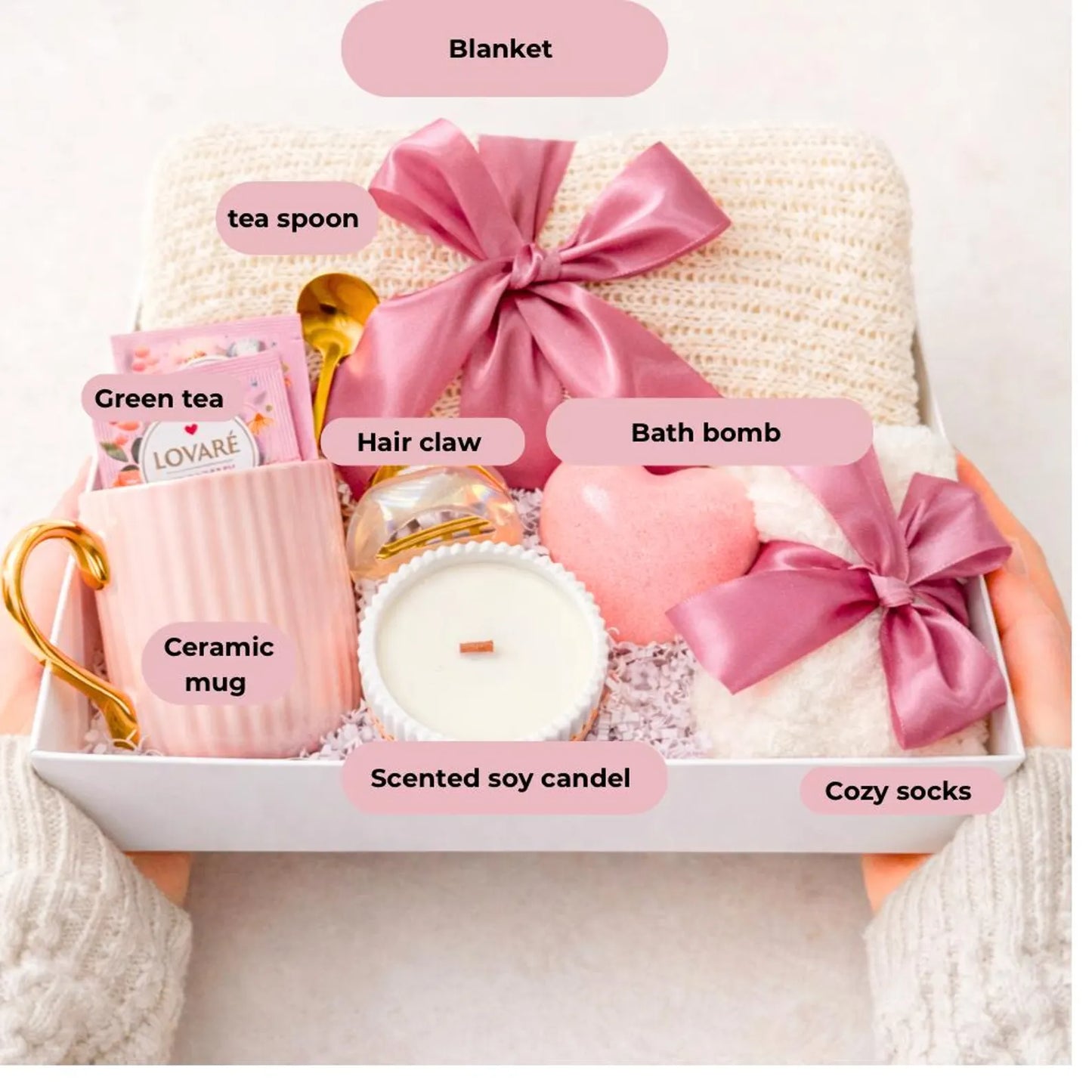 Lavender Spa Gift Box for Her, Cozy Blanket Mug, Socks, Self Care Package