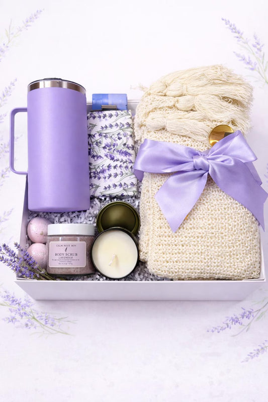 Lavender Spa Gift Box, Knit Blanket, Tumbler, Self-Care Relaxation Set