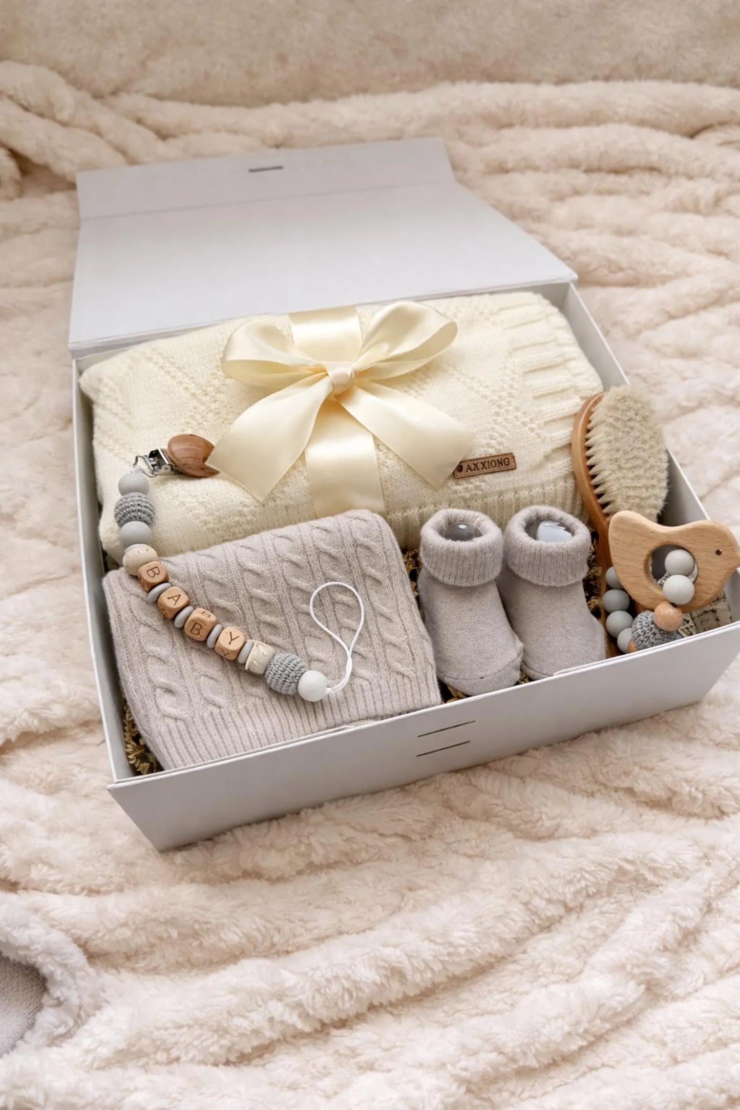 Baby Gift Box Newborn Set with Blanket, Socks & Wooden Brush – Baby Shower Present