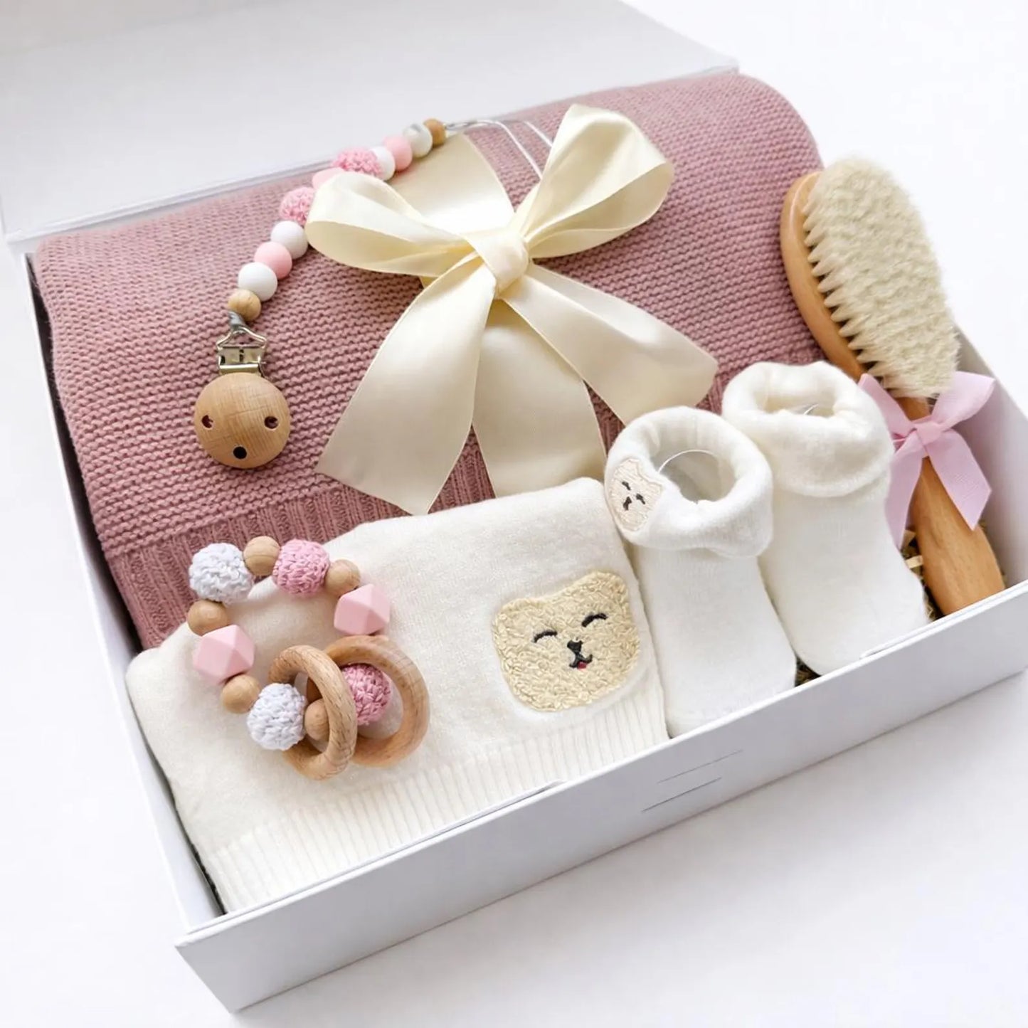 Baby Gift Box Newborn Set with Blanket, Socks & Wooden Brush – Baby Shower Present