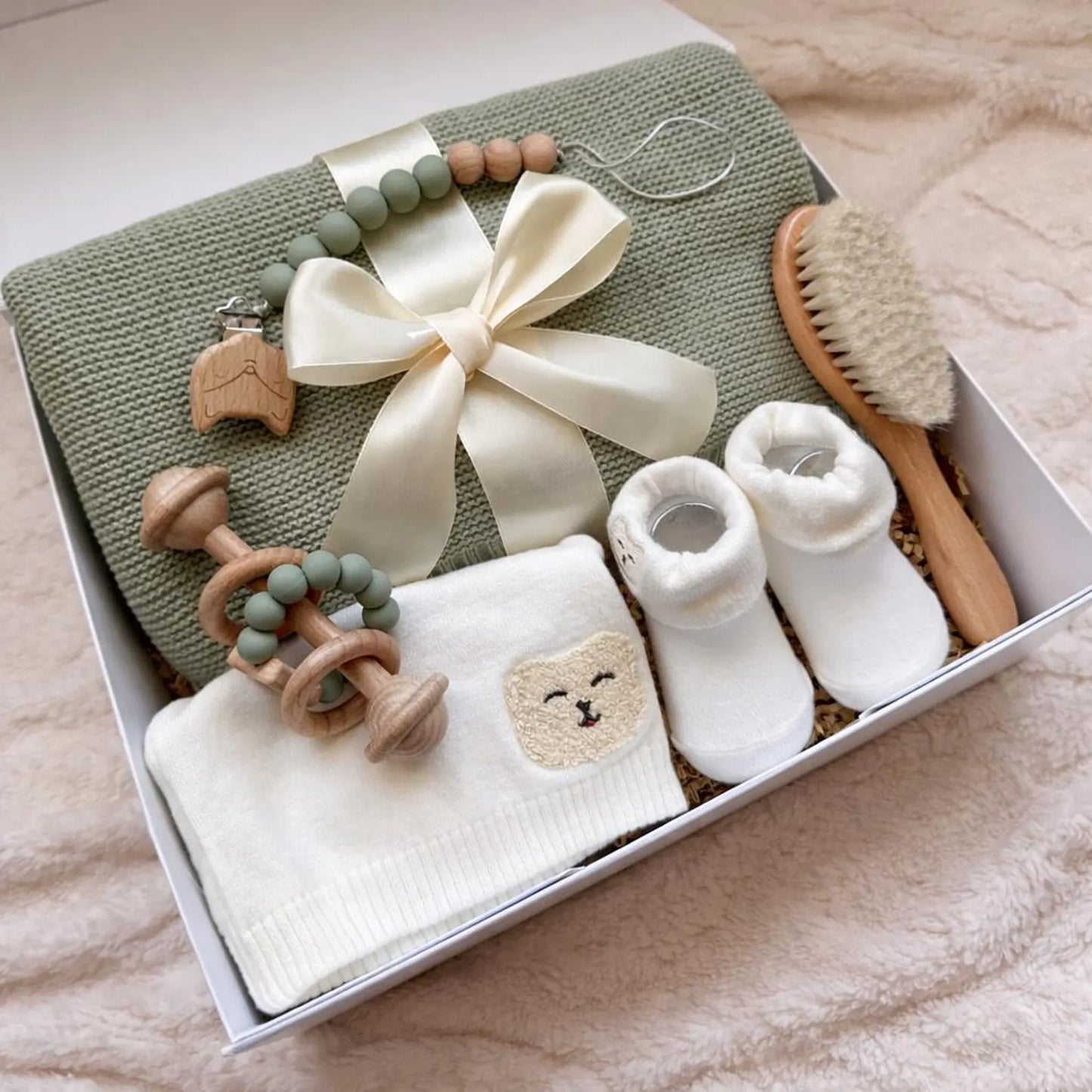 Baby Gift Box Newborn Set with Blanket, Socks & Wooden Brush – Baby Shower Present