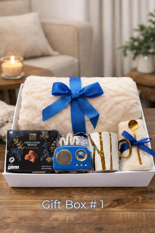 Hygge Gift Box for Her – Cozy Blanket, Mug & Chocolate Truffles, Self Care Gift