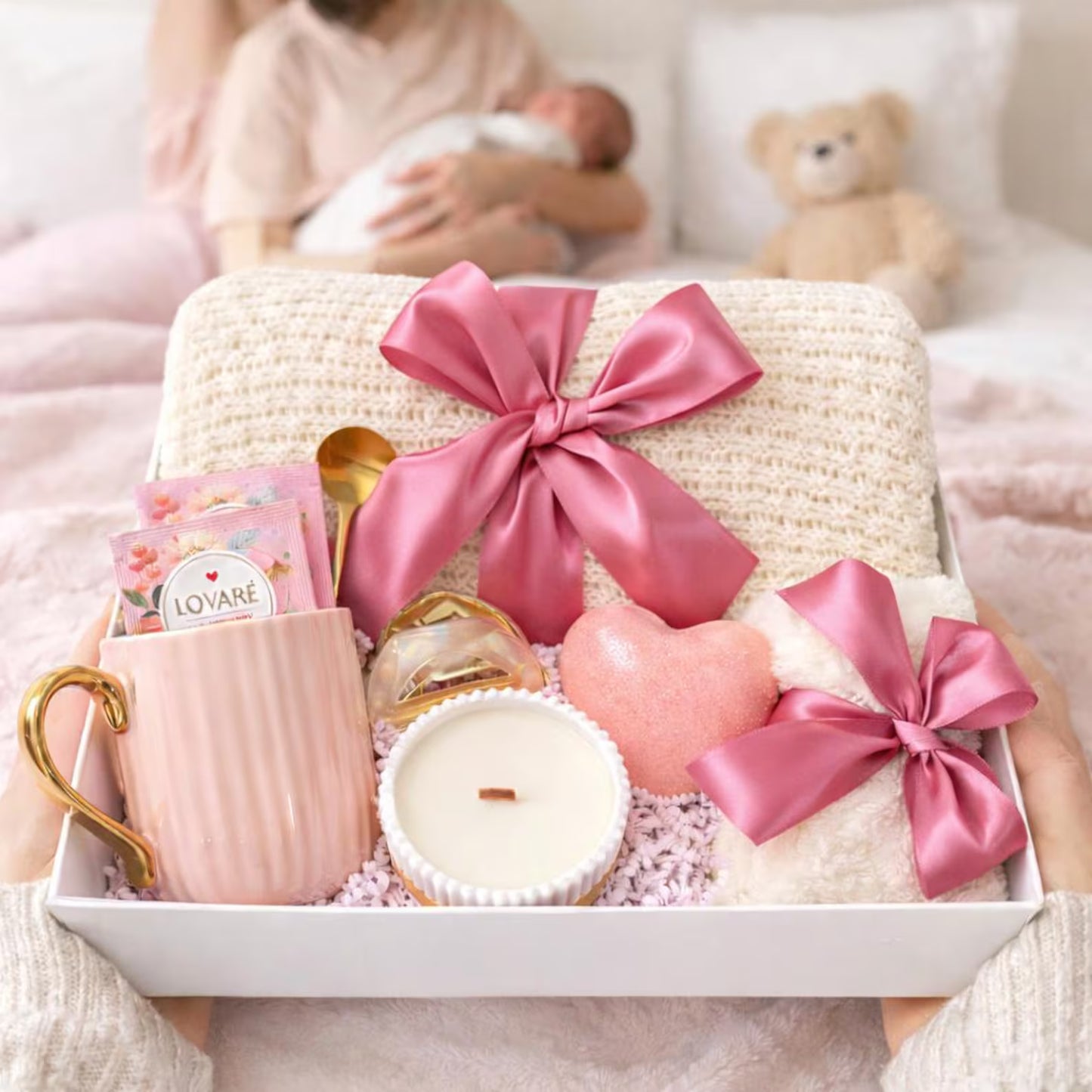 New Mom Gift Box – Cozy Blanket, Candle and Self Care Gift Basket