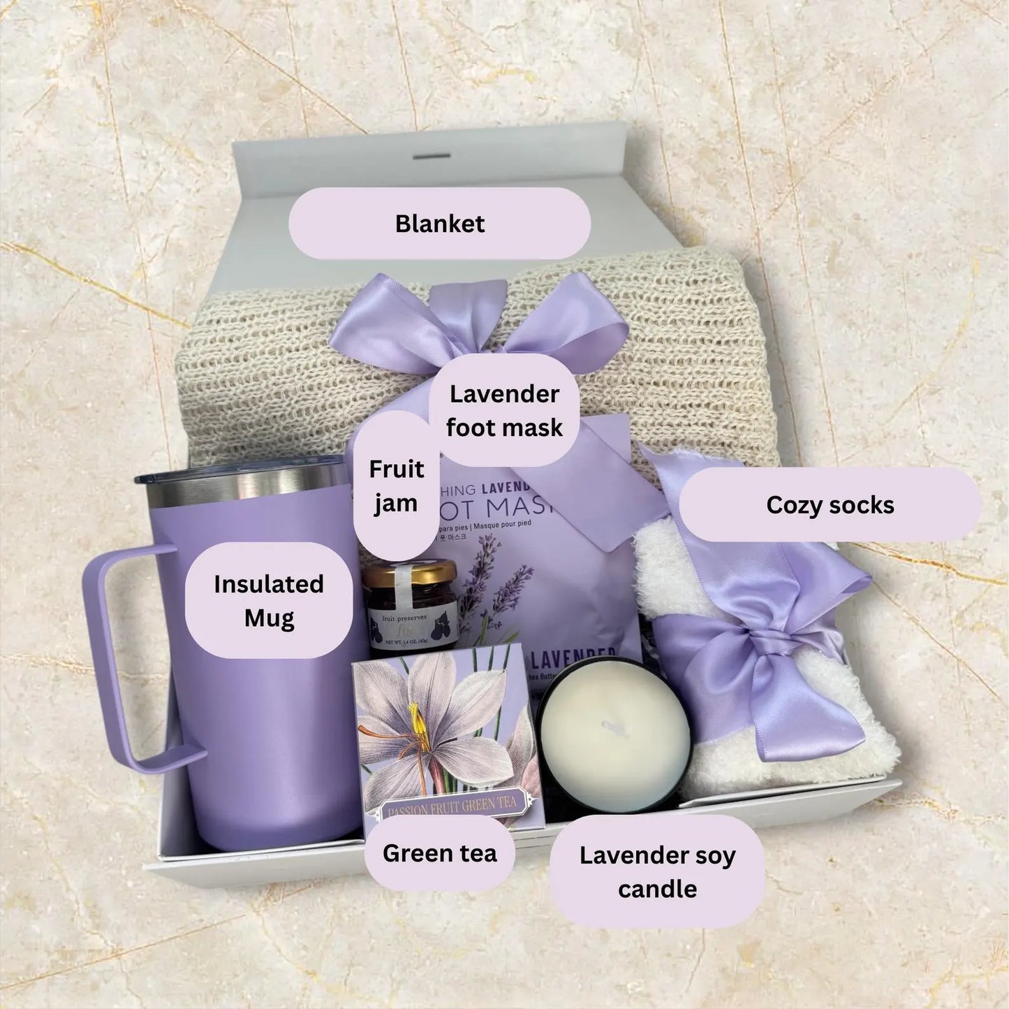 Lavender Spa Gift Box for Her, Cozy Blanket Mug, Socks, Self Care Package