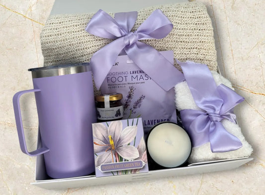 Lavender Spa Gift Box for Her, Cozy Blanket Mug, Socks, Self Care Package