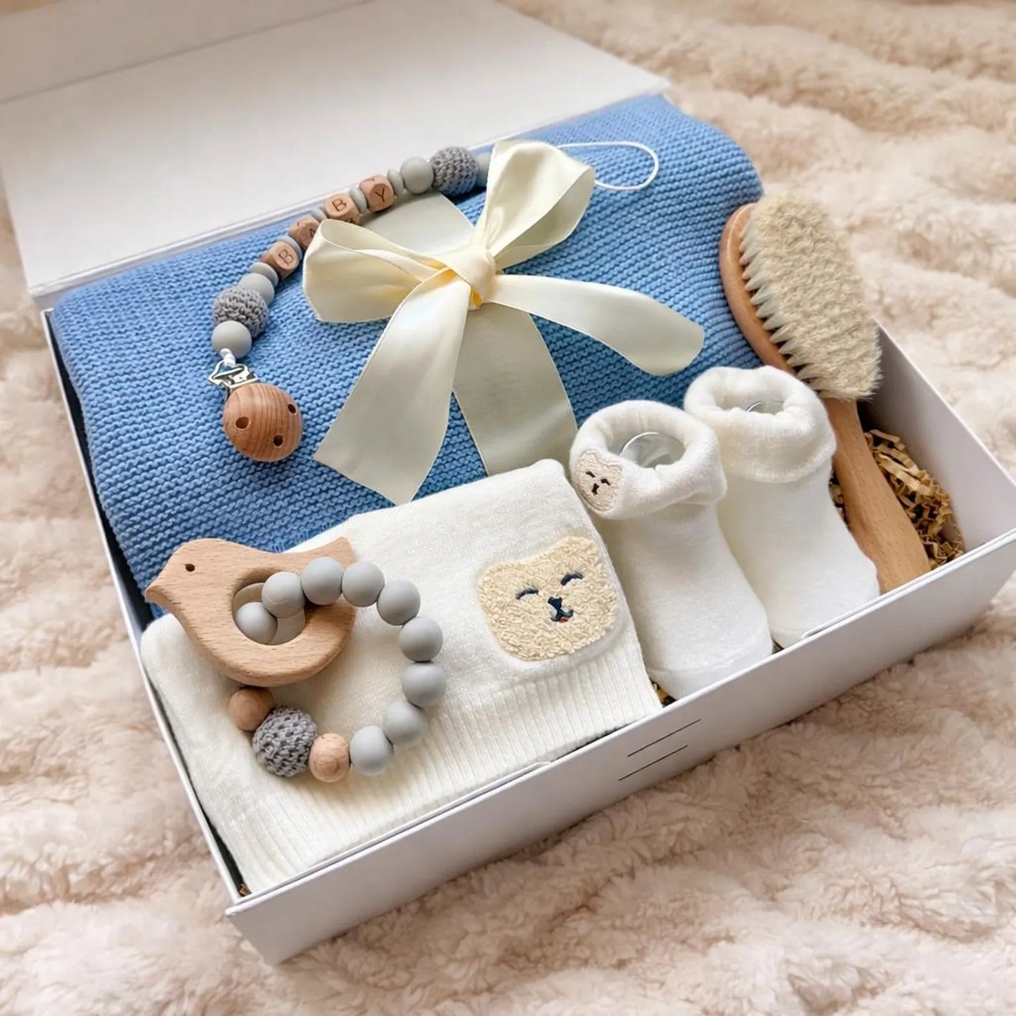Baby Gift Box Newborn Set with Blanket, Socks & Wooden Brush – Baby Shower Present
