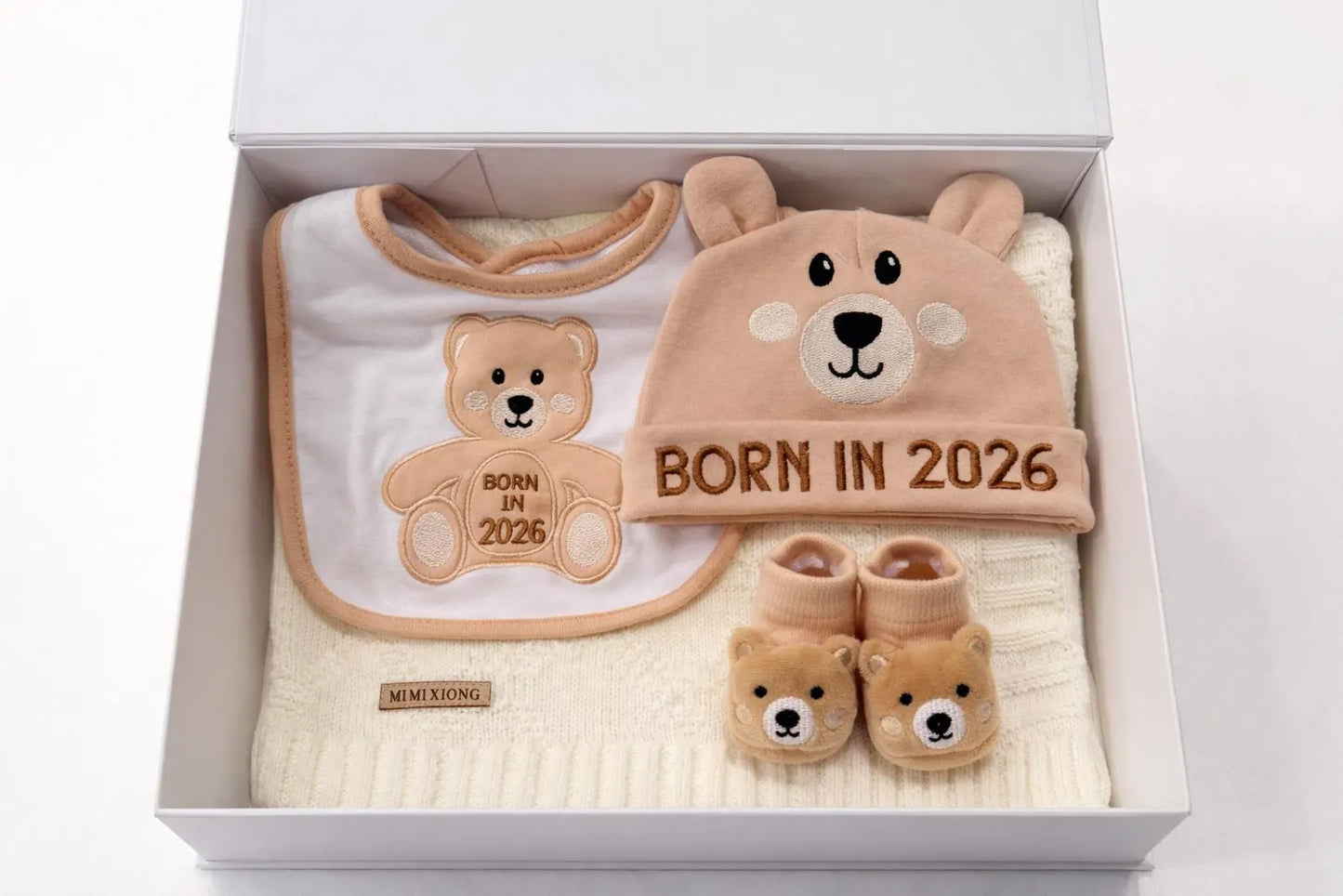 Born in 2026 Baby Gift Box, Teddy Bear Bib, Welcome Baby Keepsake