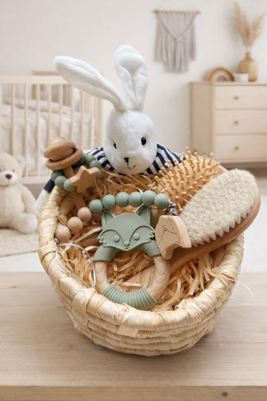Bunny Baby Gift Basket, Easter Newborn Keepsake Box, Wooden Baby Set