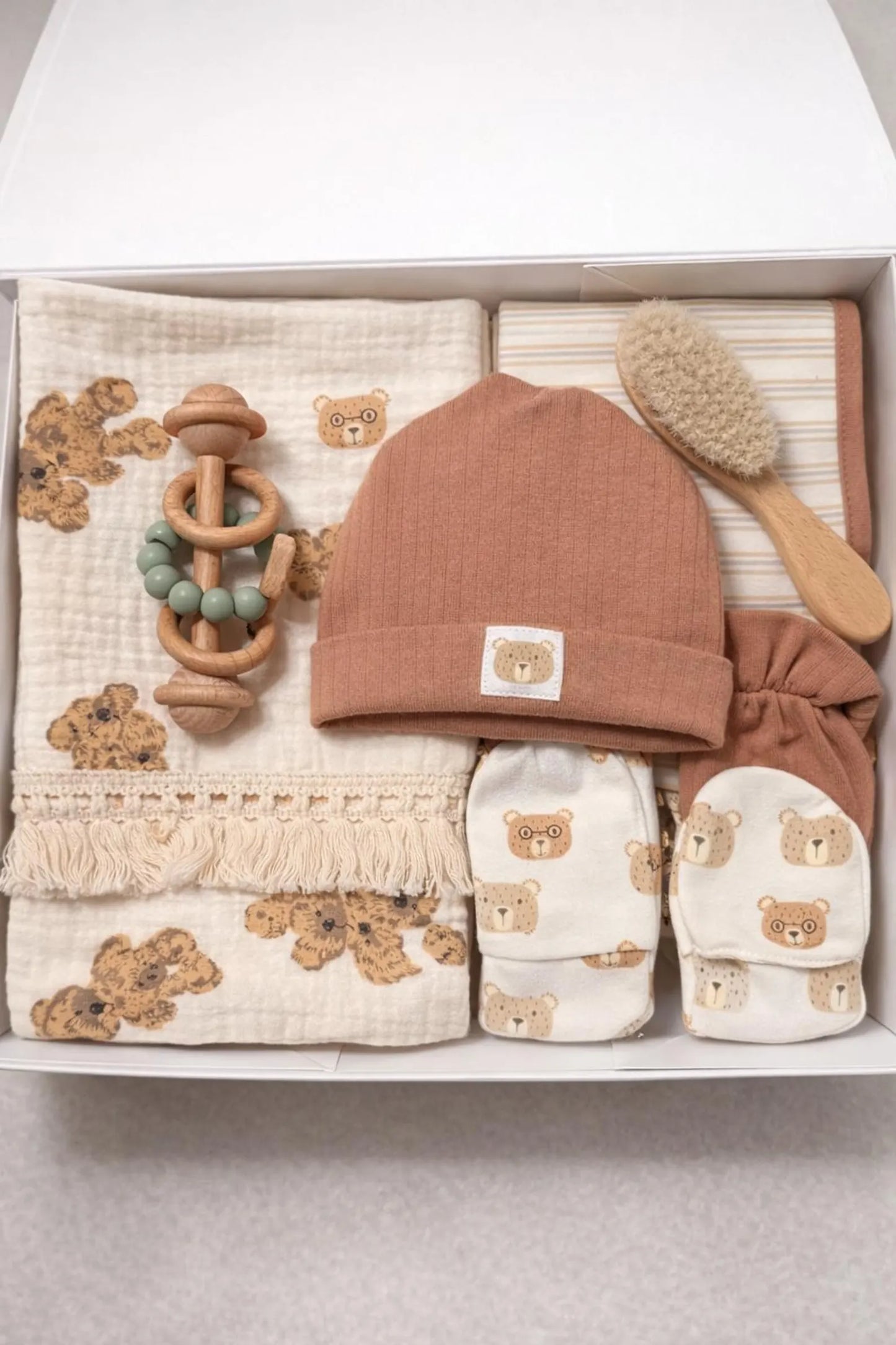 Newborn Keepsake Gift Set – Blanket, Beanie, Mittens and Burp Cloth